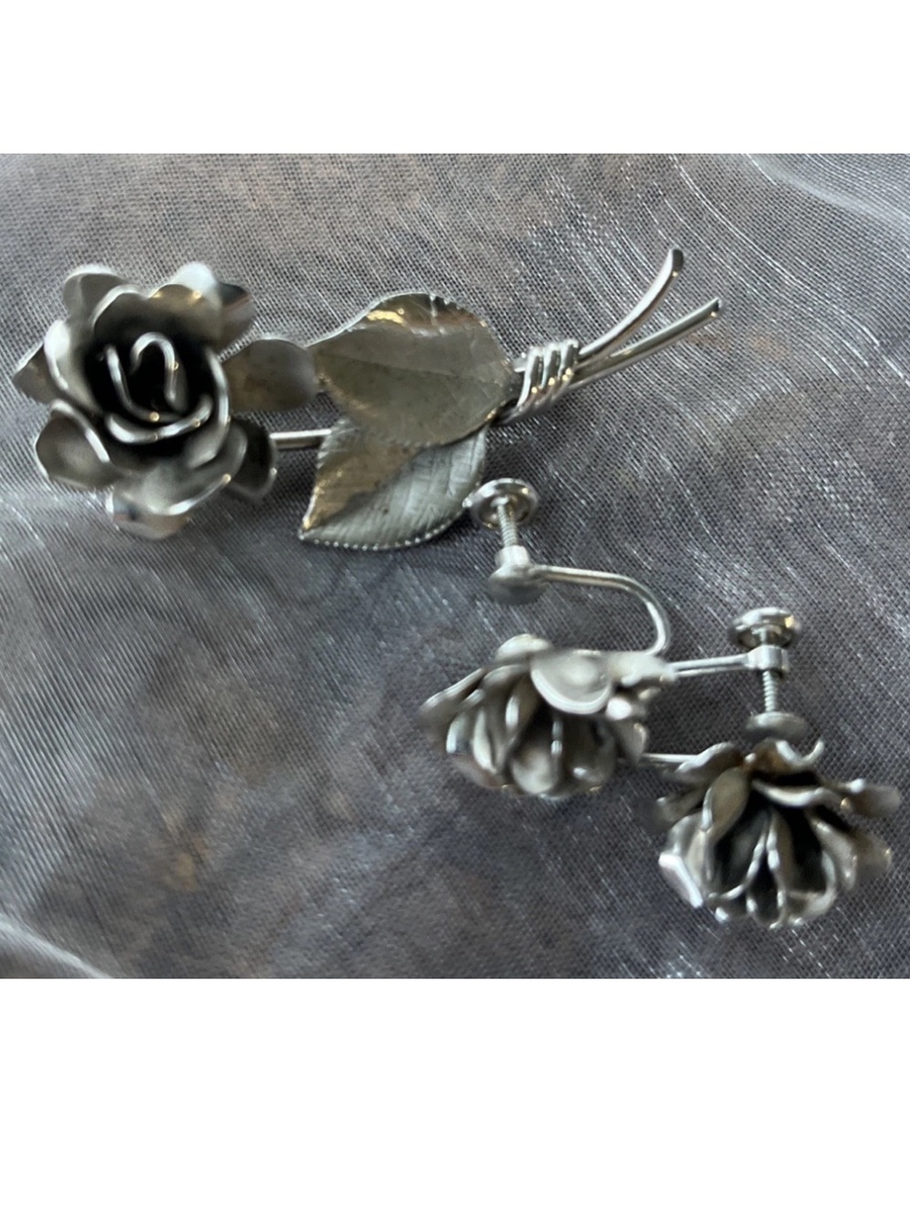Vintage HSB Harry S Bick Sterling Silver Rose Brooch & Earrings Floral Screwback